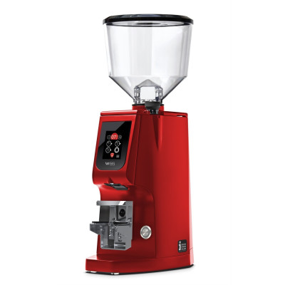 EUREKA Atom W 65 mm Ferrari Rood – Nu voor €1499 | Stille Koffiemolen met Weegschaal